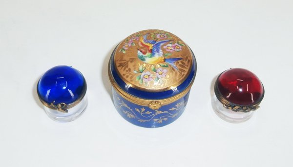 French Porcelain & Glass (three): Le Tallec a Paris cobalt blue and gold enameled trinket box with brass filigree fitting, hallmarked and inscribed underneath, 2” tall, 2 1/8” diameter; Together with a pair of French glass pill bo