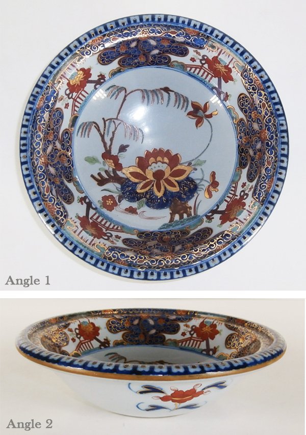 Turner Ironstone porcelain (18th/ 19th century): Very rare enameled porcelain bowl with Japanese pattern, c. 1800-1805, remnants of stamps underneath, 2 ¼” tall, 8 ¼” diameter. Provenance: J. T. Evans Antiques, Los Angeles.