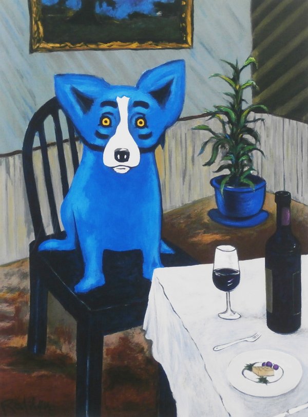 George Rodrigue (1944-2013) American: BLUE DOG AT TABLE WITH WINE, color lithograph, signed in pencil, from the numbered edition 900, image 31 ½ x 23 ½”, full margins, a few soft handling and edge creases, otherwise in good condition.