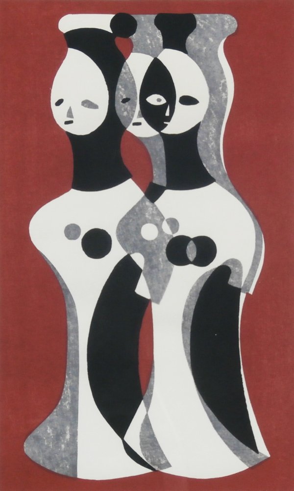 Kiyoshi Saito (1907-1977) Japanese: CLAY IMAGE, 1952, color woodblock print, signed in pencil, from the numbered edition 200, image 19 ¾ x 12”, full margins, framed with glass, tideline stain lower mat, otherwise in apparently good c