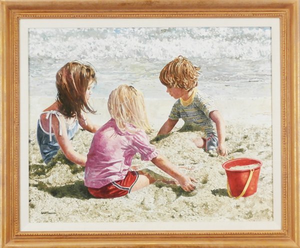 Robert Sarsony (b. 1938) American: PLAYING IN THE SAND, 1981, oil painting on canvas, signed lower left, signed dated and titled on label, 24 x 30", copyright on verso, framed, in very good studio condition.