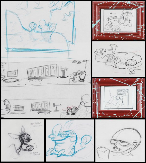REN & STIMPY by Jim Smith (14) & Ralph Bakshi (1): REN & STIMPY; SPACE MADNESS; FIREDOGS II, 1990-2007, eleven production layouts or story sketches, all graphite drawings on paper, one signed, sizes from 3 ½ x 4 ½” to 10 ½ x 12 ½”, all framed 