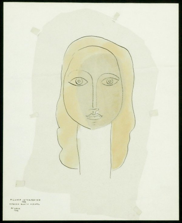 Lucia Stern (1895-1987) American: INTERPRETATION OF PICASSO FOR VIRGINIA BOOTH VOGEL, 1956, ink and mixed media on paper, signed dated and titled lower left, 13 ¾ x 11”, framed with glass, horizontal crease, otherwise in good studi