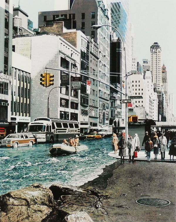 Doug Webb (b. 1956) American: DUELING CITYSCAPE, color screenprint, signed in pencil, from the numbered edition 275, image 29 ½ x 23 ¾”, full margins, Martin Lawrence Editions blindstamp, framed, some toning in margins at mat,