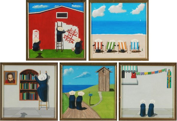 Frank Whipple (20th/ 21st Century) American: NUNS, five oil paintings on Masonite, each signed lower right, 5 x 5” framed, one (Bookshelf) with a jagged X-shape crack upper center, mainly viewable at certain angles in raking light, otherwise a