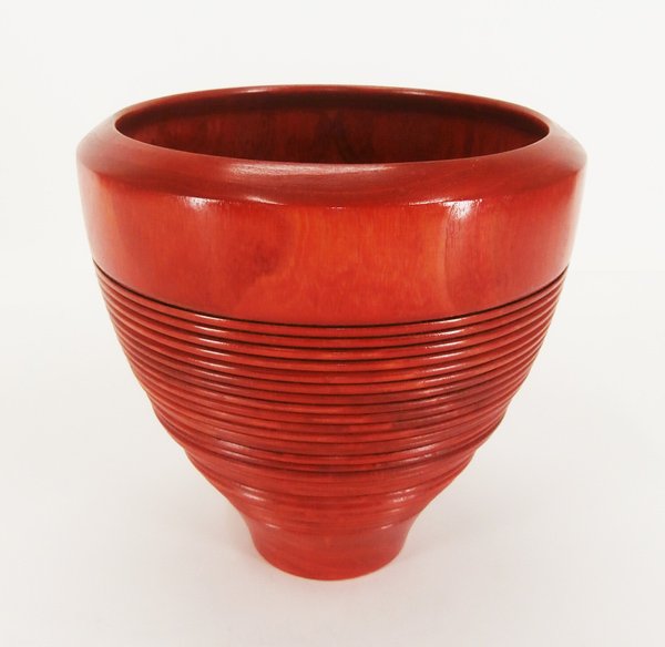Howard Lewin (20th Century) Canadian: Lathed and painted red wood bowl, made from Boyd ash, signed and dated 1995 underneath, 8 ¾” tall. Provenance: Artissimo Contemporary Fine Crafts, Los Angeles.