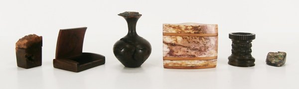 Wood artist’s unidentified (4) & Alabaster Container: VARIOUS, a turned wood base with glass insert, 5” tall, signed and dated 89’; A carved wood vase, 2 ¾” tall; Two wood boxes with lids, 3 x 3 ¾ x ¾” & 1 ½ x 1 ½ x 2 ¾”; A carved Alabast