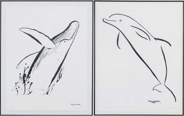 Robert Wyland (b. 1956) American (two): DOLPHINS, 1990; WHALE, two lithographs, each signed in pencil, from the numbered editions 750, sheets 18 x 24”, both framed with glass, both in apparently good condition. (2)