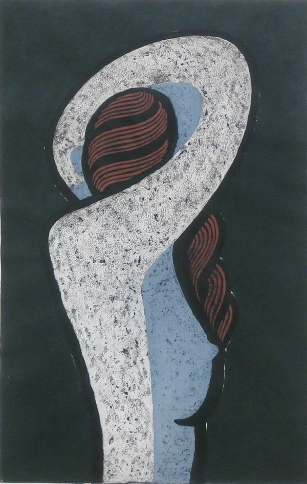 Nakao Yoshitaka (b. 1911) Japanese: NUDE, 1960, color woodblock print, signed in pencil, from the numbered edition 210, image 34 x 22”, full margins, framed, mild toning, cockling and kinks in margins, otherwise in apparently good con
