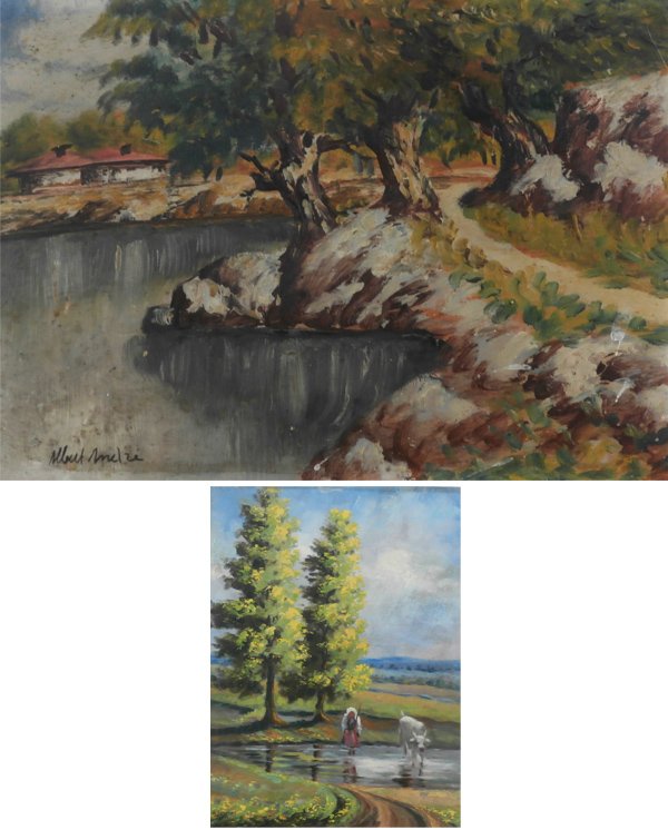 Albert Andre (1869-1954) French (two): LANDSCAPE, oil painting on paper, signed lower left, 9 5/8 x 13 ¼”, edge tears and small losses, surface soiling and spotting; Together with a painting on paper, signed C. A. Lenoir lower left, 13