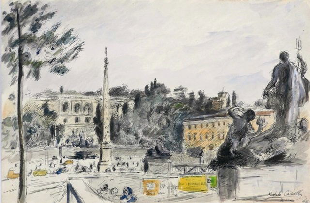 Michele Cascella (1892-1989) Italian/ Californian: PIAZZA DEL POPOLO, watercolor on paper, signed lower right, title inscription on verso, 13 ½ x 20 3/8”, silverfish hole at signature, tape stains on verso sheet edge, otherwise in good studio condi