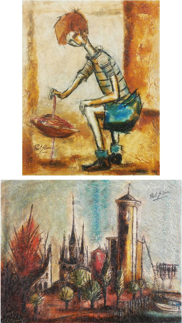 Don Cincone (b. 1936) African American (two): VILLAGE VIEW; BOY PLAYING, two, each an oil painting on canvas, signed Paul Sloan upper right, 24 x 30”, both with very minor wear at edges, the later with a few chips and hairline cracking otherwis