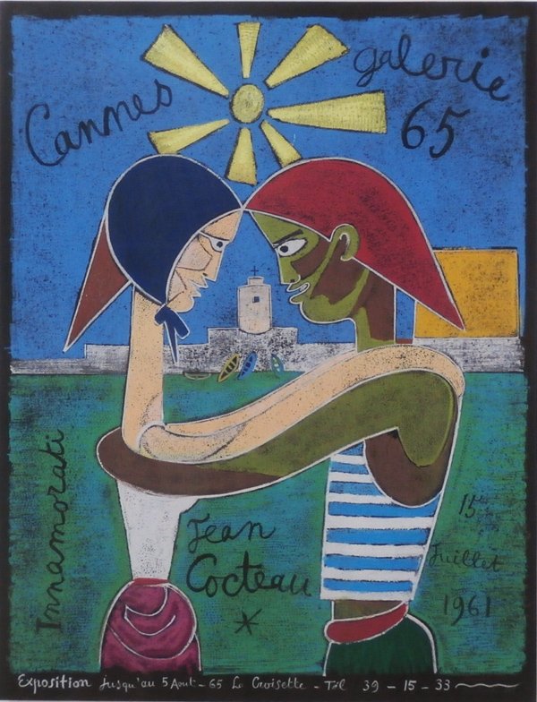 after Jean Cocteau (1889-1963) French: CANNES GALERIE 65, 1965, Deschamps color lithograph exhibition poster on black wove paper, artist’s name in design, 26 ½ x 20 ½, printed by Mourlot, sandwich Plexiglas frame, hinge remnants on ver