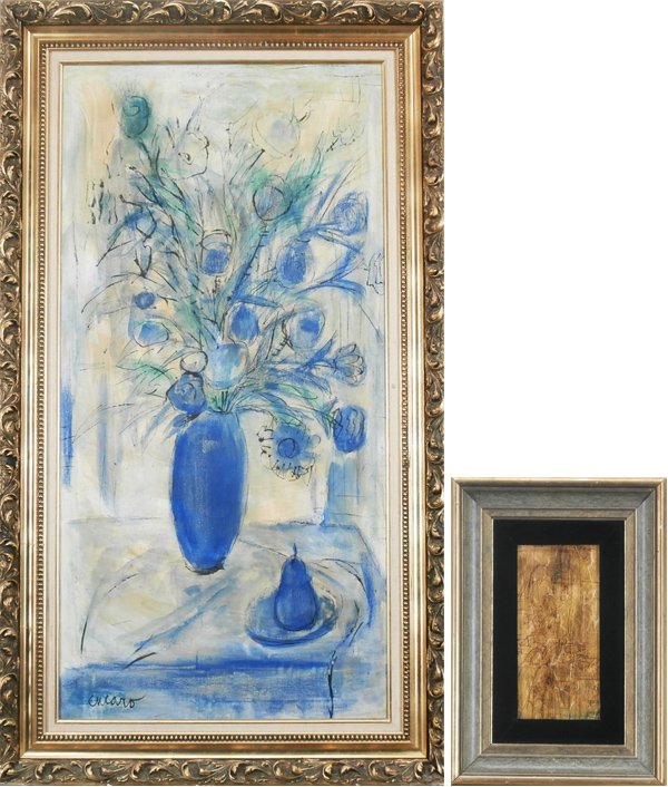 Pascal Cucaro (1915-2004) California (two): LARGE BLUE STILL LIFE, 1963, oil painting on canvas, signed lower left, 48 x 24”, dated on verso, surface soiling, lacquer yellowed, otherwise in good condition; UNTITLED, oil, ink and lacquer on Ma