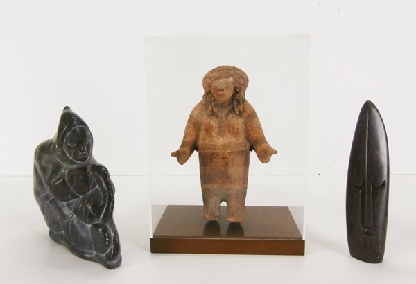 Ethnic Arts (three): Inuit, ESKIMO WITH ANIMAL, carved green stone, inscribed underneath, 9” tall; Together with Pre-Columbian Style, STANDING WOMAN, ceramic figure, 10” tall, comes in Plexiglas box case with wood bas