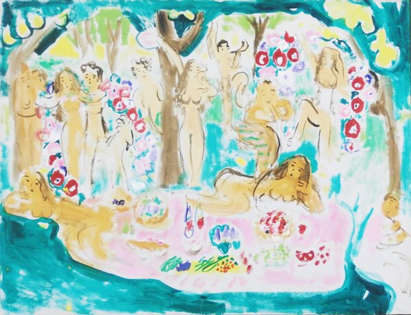 Bob Kane (1915-1998) American: PICNIC AFTER RENOIR, oil painting on canvas, signed lower right, 32 x 42”, framed, in very good studio condition. Provenance: Ankrum Gallery, Los Angeles. From the collection of Rona Barrett.