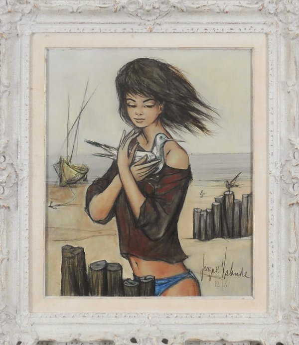 Jacques Lalande (b. 1921) French: JUENE FILLE AVEC UN OISEAU, 1961, oil painting on canvas, signed and dated lower right, 21 ½ x 18”, framed, surface soiling, a few miniscule chips lower center, otherwise in good condition.