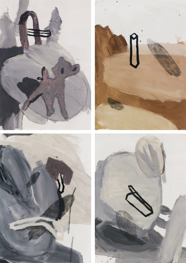 David Ostrowski (b. 1981) German: VARIOUS, 2004, four acrylic paintings on paper, signed and dated on verso, sheets 33 x 23 ¼”, all in good studio condition. (4)