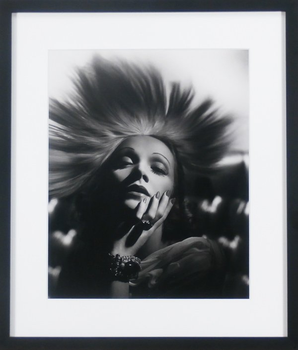 Photography: George Hurrell (1904-1992) American: MARLENE DIETRICH, gelatin silver print, 24 x 20”, proof aside from the signed and numbered edition of 190, rubber stamp of artist’s signature on verso, framed, small shine marks visible only at ce
