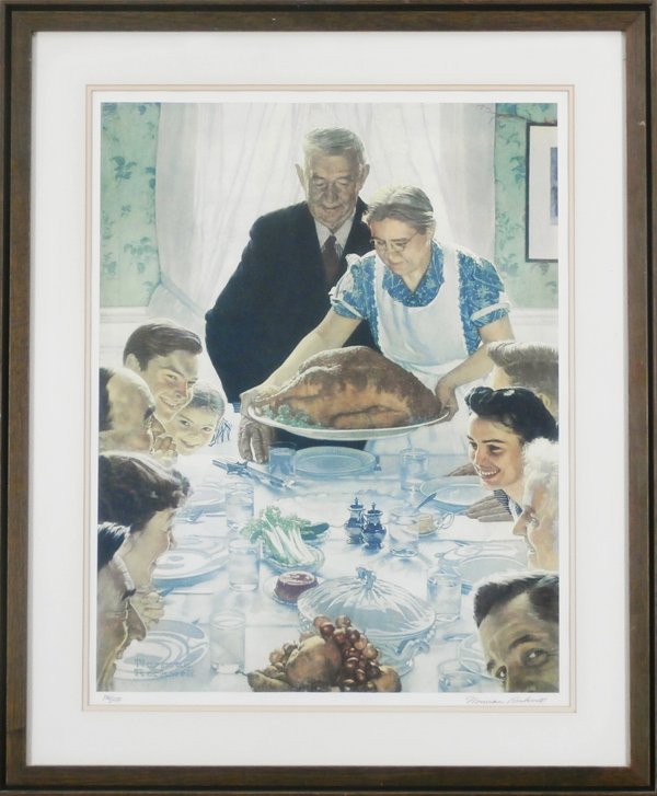 Norman Rockwell (1894-1978) American: FREEDOM FROM WANT, collotype, signed in pencil, from the numbered edition 200, sheet 34 x 29”, lower margin reduced 1”, framed with glass, mild cockling, scattered speckles, creases and soft handl