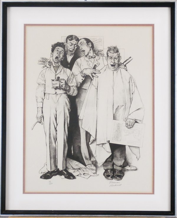 Norman Rockwell (1894-1978) American: BARBER SHOP QUARTET, lithograph, signed in pencil, from the numbered edition 200, image 22 ½ x 18” full margins, framed with glass, moderate toning, otherwise in apparently good condition.