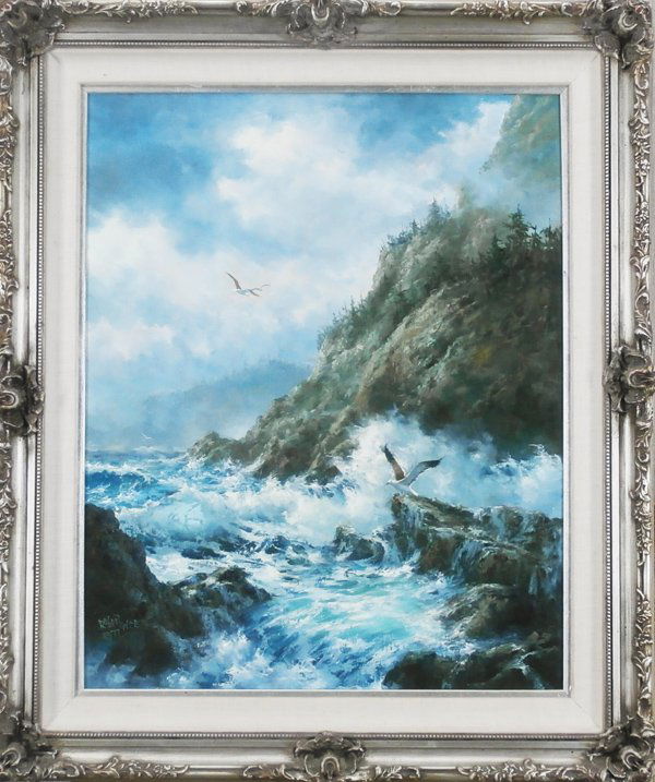 Robert Wee (b. 1927) California: MOUNTAINS & SEA, 1977, oil painting on Masonite, signed lower left, artist’s copyright on verso, 30 x 24”, minor surface soiling, in good studio condition.