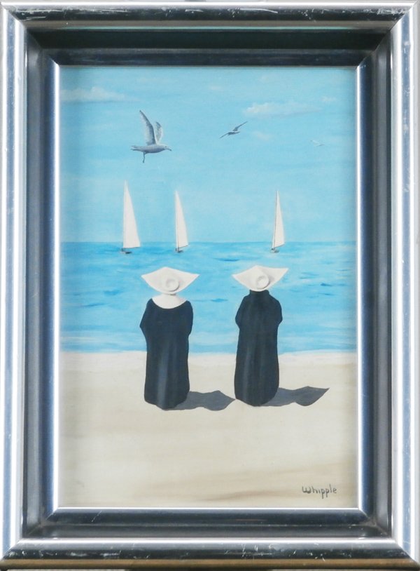 Frank Whipple (20th/ 21st Century) Californian: TWO NUNS AT THE SHORE, oil painting on Masonite, signed lower right, 8 x 5 ½”, framed, surface soiling, small hairline crack, otherwise in good studio condition.
