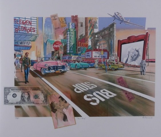 Daniel Authouart (b. 1943) French: BUS STOP, color lithograph, signed in pencil, from the numbered edition175, image 24 ½ x 32”, publisher’s stamp on verso, a few soft handling creases mainly visible in raking light, otherwise in 
