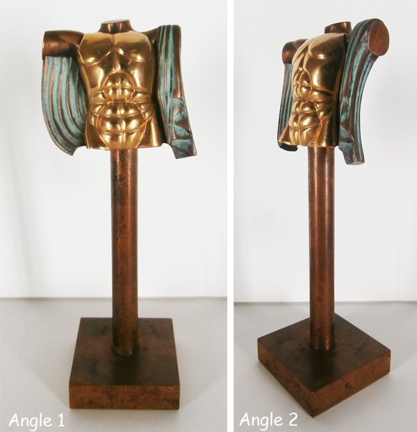 Miguel Ortiz Berrocal (1933-2006) Spanish: WINGED MALE TORSO, cast bronze with gold metal breast-plate, signed and numbered 6136/14,999, height 8 ½”, some tarnishing otherwise in good condition.