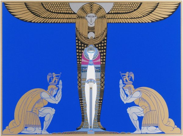 Erte (1892-1990) French: CLEOPATRA, color screenprint, signed in pencil, from the numbered edition 300, image 16 ¼ x 22”, full margins, with GG blindstamp lower left, framed, in apparently good condition.