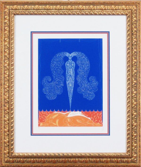 Erte (1892-1990) French: LE RIDEAU DE L’HIVER (L.137), color screenprint, signed in pencil, artist’s proof aside from the numbered edition, image 17 ½ x 13”, full margins, framed, in apparently good condition.