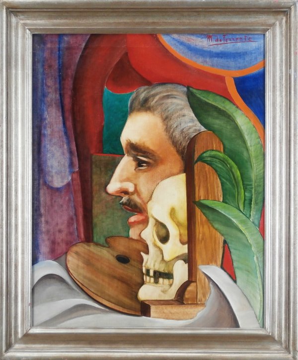 Mario De Ferrante (1898-1992) Italian: SELF-PORTRAIT, c. 1940, oil painting on canvas, signed upper right, 30 x 24”, framed, hairline cracking, stretcher bar impressions, soft dimple in center, otherwise in good studio condition. Provena