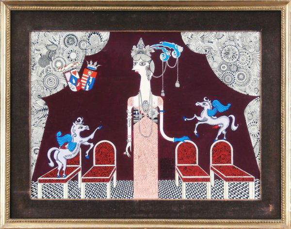 Pedro Friedeberg (b. 1936) Mexican: MAURICIA FAROVIEJO DUQUESA de PANZAGUADA Y SUS DOS CENTAUROS FAVORITOS, 1968, acrylic painting on board, signed lower left, sight 14 ½ x 20”, framed, appears to be in good studio condition.