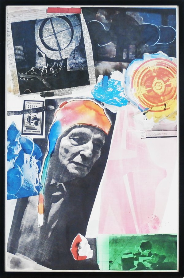 Robert Rauschenberg (1925-2008) American: HOMMAGE TO FREDERICK KIESLER, 1966, color offset lithograph, signed in pencil and inscribed P/P III, aside from the numbered edition 200, sheet 34 ½ x 22 ½”, framed, some staining lower margin, ti