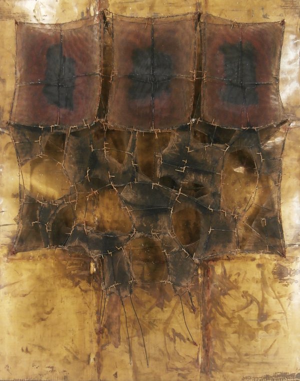 Manuel Rivera (1927-1995) Spain: METAMORFOSIS (ICONO), 1961, sheet metal over panel, with post, and wires and painted mesh, signed and titled on verso, 39 ¼ x 31 ½ x 5”, some tarnish and dust accumulation, otherwise in apparently