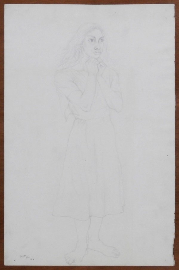 Francisco Zuniga (1912-1998) Mexican: MUJER CONLAS MANOS EN EL PECHO (Zuniga Vol III, #373), 1944, pencil drawing on paper, signed and dated lower right, 19 ½ x 12 ¾”, framed with glass, with deckled right edge, some pale discoloratio