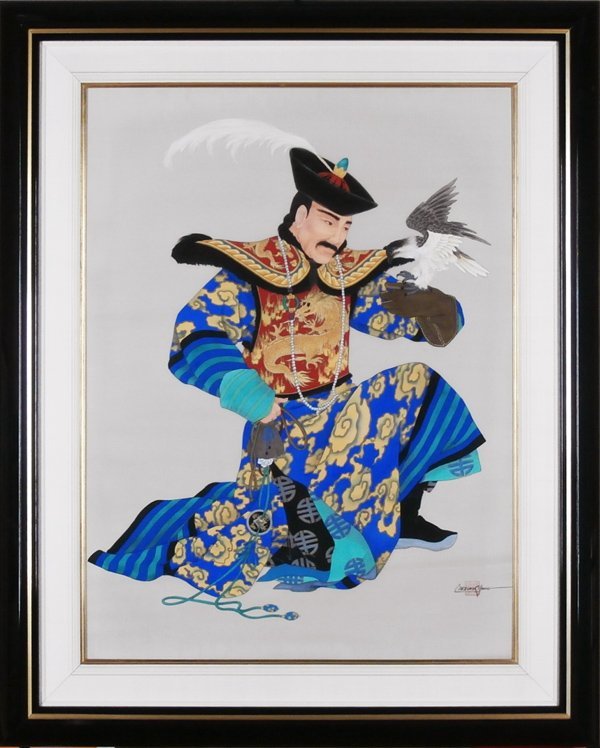 Caroline Young (20th/ 21st Century) Chinese/ American: EMPEROR, 1989, Chinese watercolors on stretched silk, signed lower right, signed and dated on verso, 40 x 30”, framed with Plexiglas. Provenance: Images International of Hawaii; Exhibited: It is bel