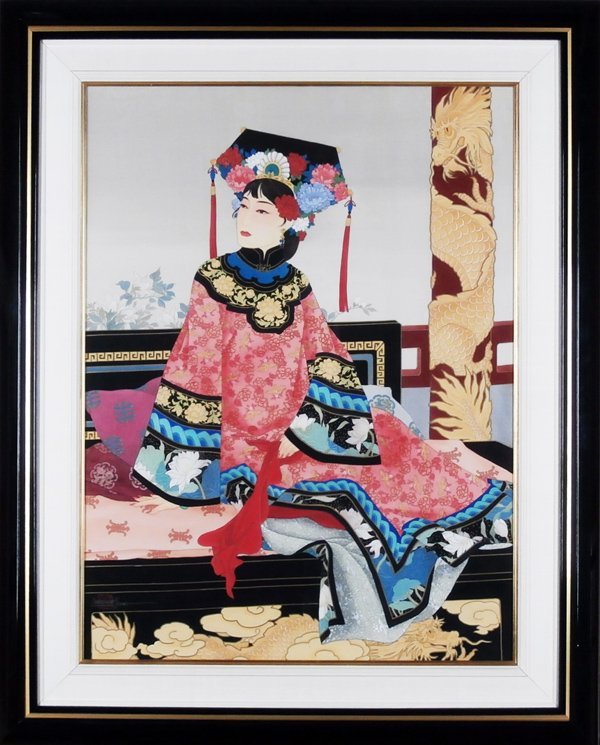 Caroline Young (20th/ 21st Century) Chinese/ American: EMPRESS, 1989, Chinese watercolors on stretched silk, signed lower left, signed and dated on verso, 40 x 30”, framed with Plexiglas. Provenance: Images International of Hawaii; Exhibited: It is beli