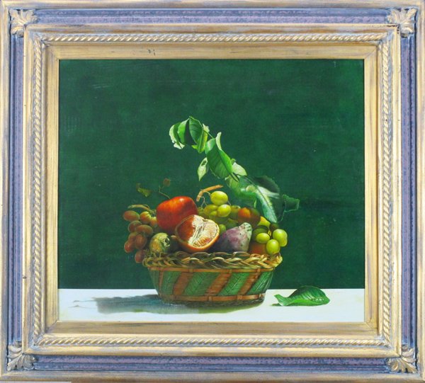 Salvatore Bosco (b. 1942) Italian: BASKET WITH FRUIT, oil painting on panel, signed lower right, 23 ½ x 27 ½”, framed, minor hazing, mild yellowing in lacquer, scuffs, otherwise in good studio condition. Provenance: Bellini Fine Ar