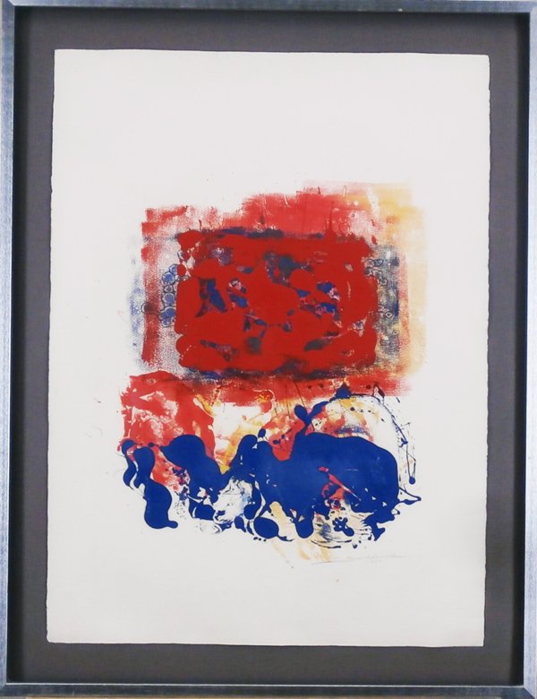 Hans Burkhardt (1904-1994) Swiss American: UNTITLED, 1976, acrylic painting over color monoprint on paper, signed and dated lower right, sheet 22 x 30”, framed with glass, in good studio condition.