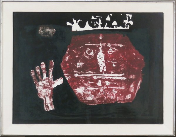 Antoni Clave (1913-2005) Spanish: LE MAIN DU ROI (BON JOUR DU ROI) (P.70), 1959, color lithograph, signed in color pencil, a proof aside from the numbered edition 100, sheet 22 ¼ x 30, framed with glass, some soft handling creases, m