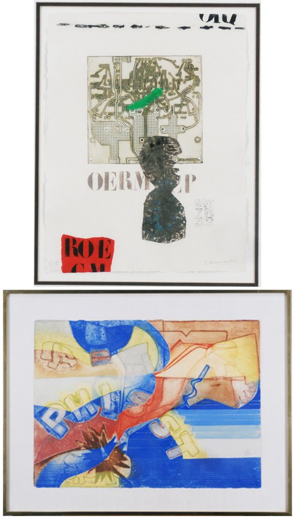 James Coignard (1925-2008) & Gerard Fitreman (b. 1946): James Coignard, COMPUTER-VERTE (S.394), color carborundum etching, signed in pencil, from the numbered edition 75, published by Editions FB, sheet 16 ¼ x 12 ½”; Together with George Fitreman, JUS