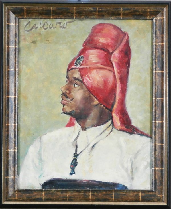 Pascal Cucaro (1915-2004) California: MAN WITH TURBAN, oil painting on uneven canvas over board, signed upper left, 20 x 16”, framed, veins of spider-cracking, surface soiling, lacquer yellowed. Provenance: Cory Gallery.