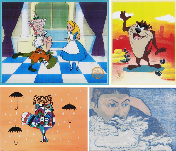 Disney Studios & Warner Brothers, Jonathan Winters: Disney Studios ALICE & THE MAD HATTER, color sericel with color print background, with Disney stamp lower right, sight 10 x 13”; Warner Brothers TASMANIAN DEVIL, 1992, color sericel with color print