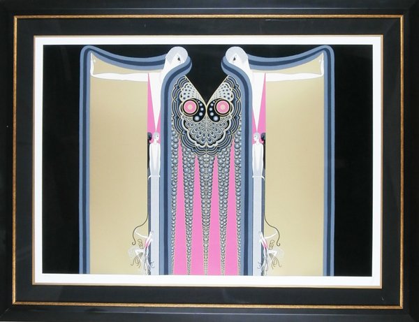 Erte (1892-1990) French: TWIN SISTERS (L.211), 1981, color screenprint, signed in pencil, from the artist’s proof edition 60, image 33 ½ x 48 ½”, full margins, framed, a few tiny stray ink marks, otherwise in apparently