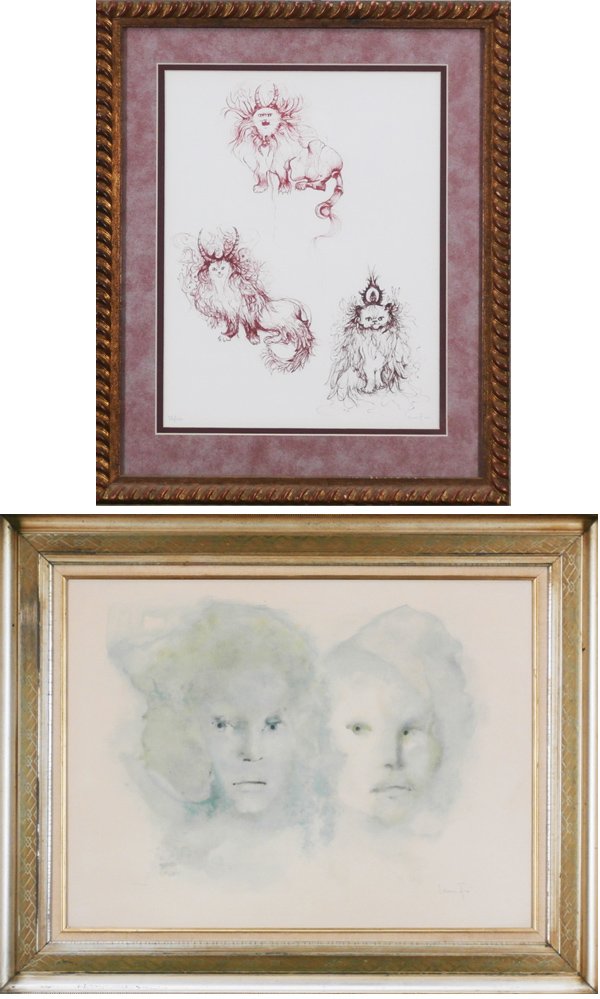 Leonor Fini (1907-1996) Argentinean (two): TROIS CHATS; DEUX VISAGE, two color lithographs, both signed in pencil, from the numbered edition 100 & 180, sights 14 ¼ x 11 ¼” & 21 x 28”, first with artist’s blindstamp lower left, both fra