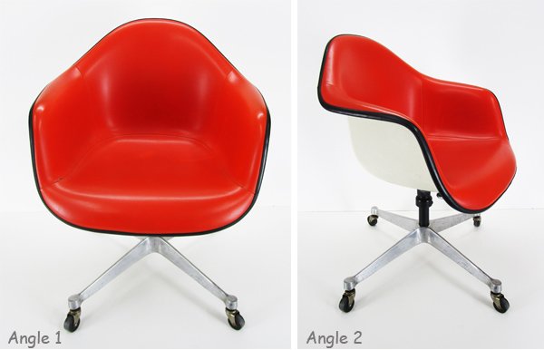 Furniture: Charles Eames (1907-1978) American: Design for Herman Miller, 1972, shell arm chair with orange upholstery, fiberglass shell with aluminum base and four wheels, original label underneath, some discoloration in orange covering and a 1”