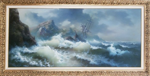 Eugene Garin (1922-1994) Ukrainian American: STORMY SEAS, oil painting on canvas, signed lower left, with artist’s copyright stamp on verso, 32 x 72”, framed, in good studio condition.