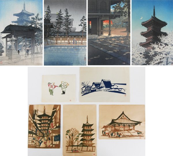 Kawase Hasui (4) (1883-1957) & Artist Unidentified (5): SANSHU ZENSETSUJI; NARA DAIBUTSUIN; NOBIDOME HEIRINJU; HARU NO YU, four color woodblock prints, each with artist’s character stamp and chop marks and publishers marks in margins, sheets 15 ¼ x 10 �