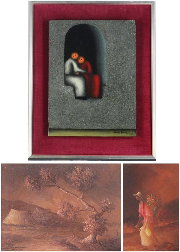 Jesus Leuus & Antonio Vasquez Parra (2) (three): Jesus Leuus, EMBRACE, 1968, oil painting with sand on Masonite, signed and dated lower right, 15 ¾ x 11 ¾”, framed, surface scuffs and scratches, otherwise in good studio condition; Together with 